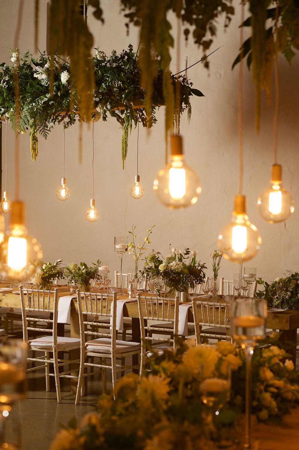 Hanging Garden and Light Bulbs Wedding Reception